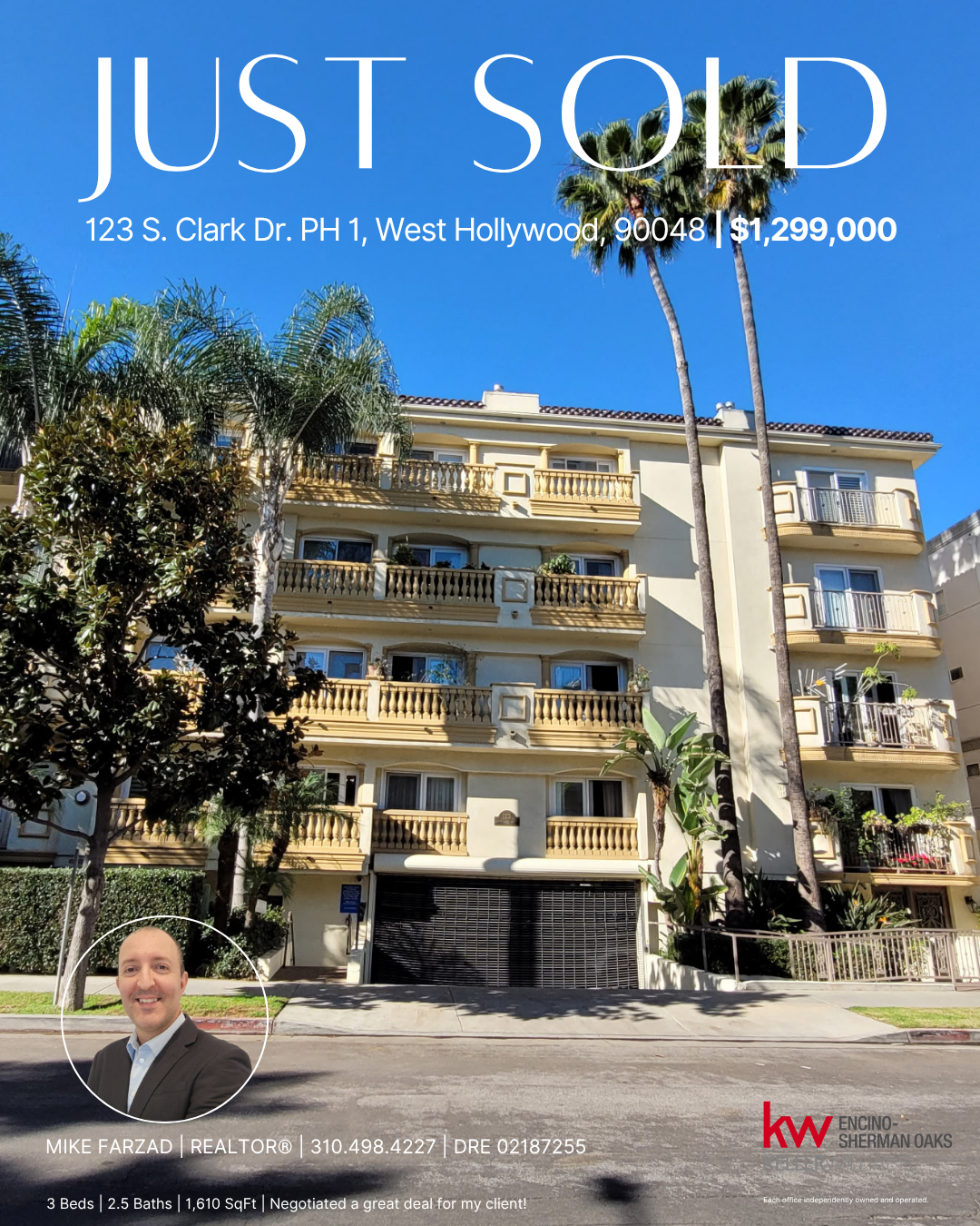 SOLD! 123 S. Clark Dr PH 1, West Hollywood Southern California real estate listing